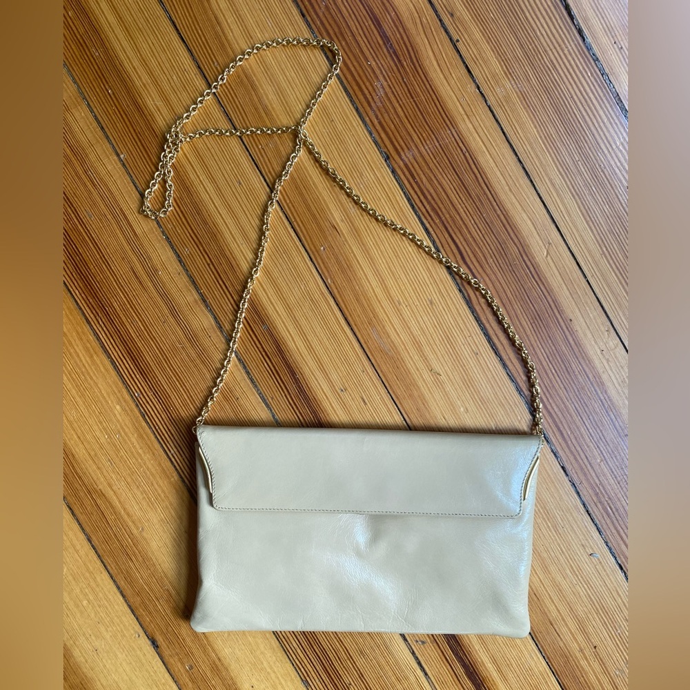 Vintage RODO Italy tan Leather Crossbody Clutch gold chain satchel envelope